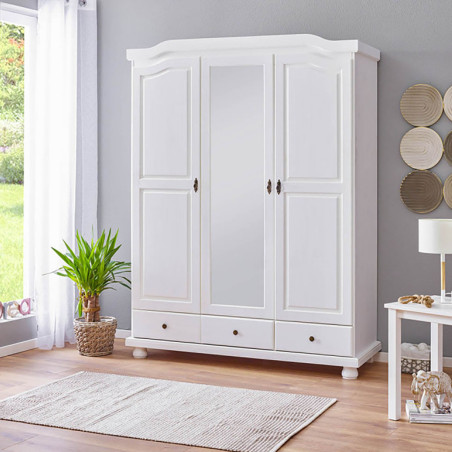 Armoire 3 portes avec penderie bois massif vernis blanc - NERON