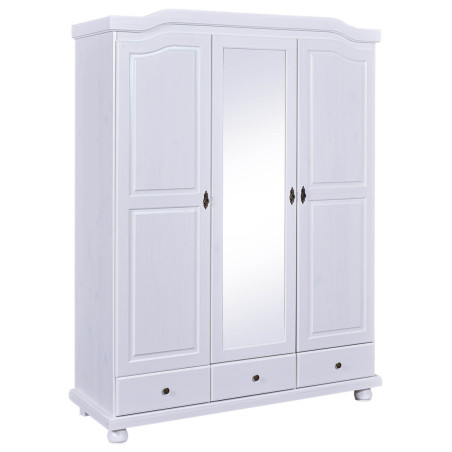 Armoire 3 portes avec penderie bois massif vernis blanc - NERON