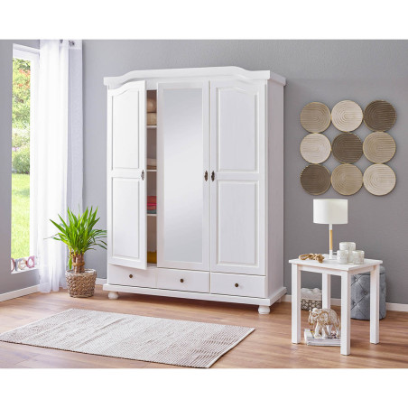 Armoire 3 portes avec penderie bois massif vernis blanc - NERON