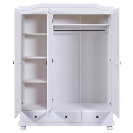 Armoire 3 portes avec penderie bois massif vernis blanc - NERON