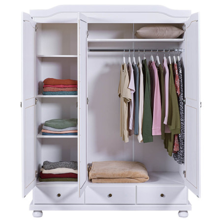 Armoire 3 portes avec penderie bois massif vernis blanc - NERON