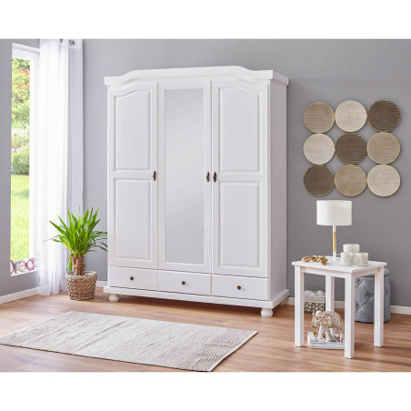 Armoire 3 portes avec penderie bois massif vernis blanc - NERON