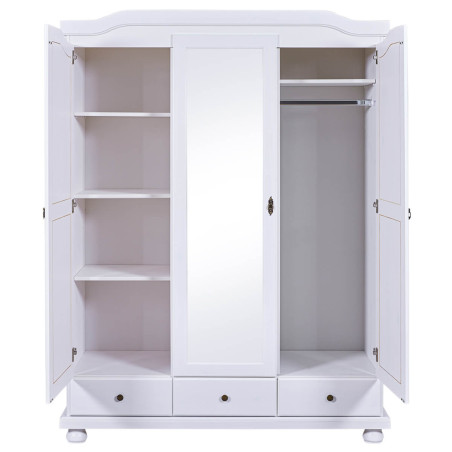 Armoire 3 portes avec penderie bois massif vernis blanc - NERON