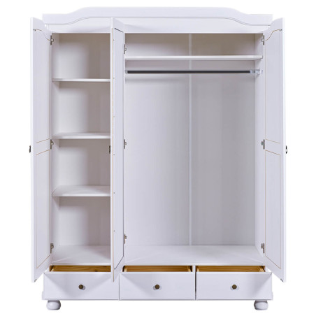 Armoire 3 portes avec penderie bois massif vernis blanc - NERON