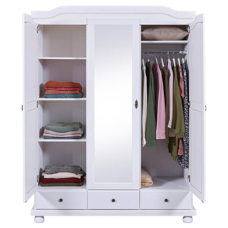 Armoire 3 portes avec penderie bois massif vernis blanc - NERON