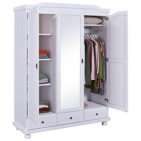 Armoire 3 portes avec penderie bois massif vernis blanc - NERON