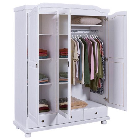 Armoire 3 portes avec penderie bois massif vernis blanc - NERON