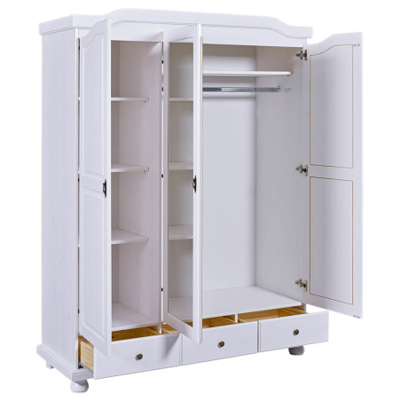 Armoire 3 portes avec penderie bois massif vernis blanc - NERON