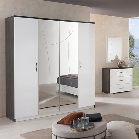 Armoire 4 portes laqué blanc et chêne anthracite - LUCIUS
