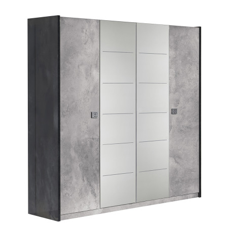 Armoire 4 Portes avec Miroir Gris Effet Pierre - HYDEN