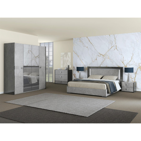 Armoire 4 Portes avec Miroir Gris Effet Pierre - HYDEN