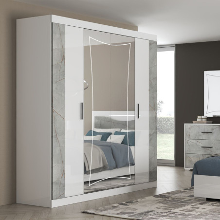Armoire 4 portes 2 portes miroir laqué blanc et imitation marbre - GENESISOR