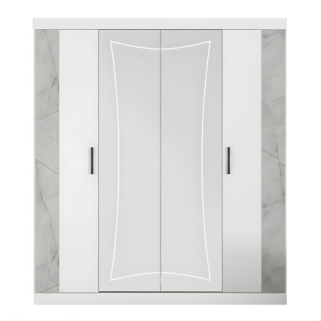 Armoire 4 portes 2 portes miroir laqué blanc et imitation marbre - GENESISOR