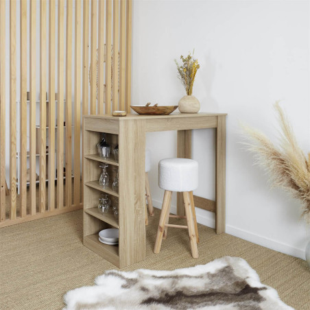 Table de bar mange-debout avec étagères aspect bois - KANIO