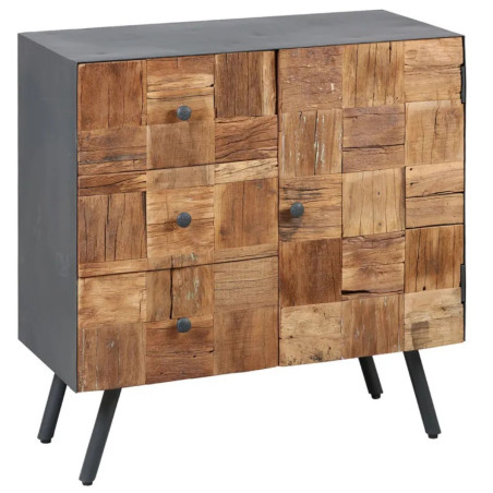 Meuble d'entrée 1 porte 3 tiroirs acier gris mat, façades en bois massif - FELOR