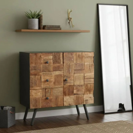 Meuble d'entrée 1 porte 3 tiroirs acier gris mat, façades en bois massif - FELOR