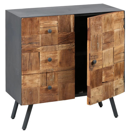 Meuble d'entrée 1 porte 3 tiroirs acier gris mat, façades en bois massif - FELOR