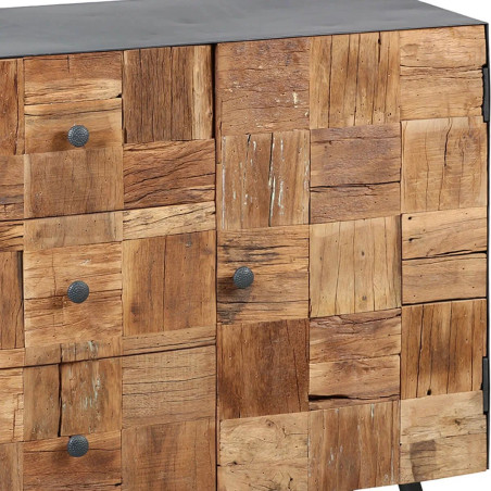 Meuble d'entrée 1 porte 3 tiroirs acier gris mat, façades en bois massif - FELOR