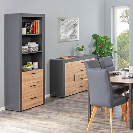Etagère 3 niches 3 tiroirs gris et effet bois - OCTIO