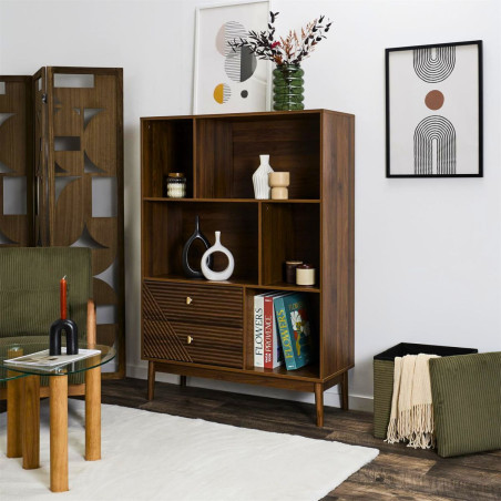 Bibliothèque 2 tiroirs 5 niches en bois et MDF pieds en pin - COTELE