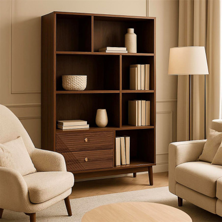 Bibliothèque 2 tiroirs 5 niches en bois et MDF pieds en pin - COTELE