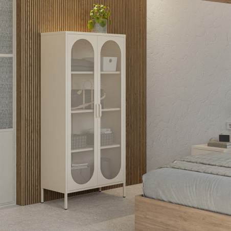 Meuble haut 2 portes ajourées en métal crème - OLIRA