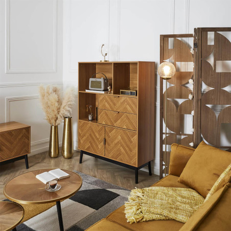 Bibliothèque aspect bois décor chevrons et piétement noir - SIXIA