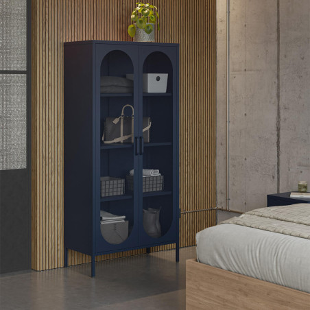Meuble Haut 2 Portes Ajourées en Métal Bleu Foncé - OLIRA