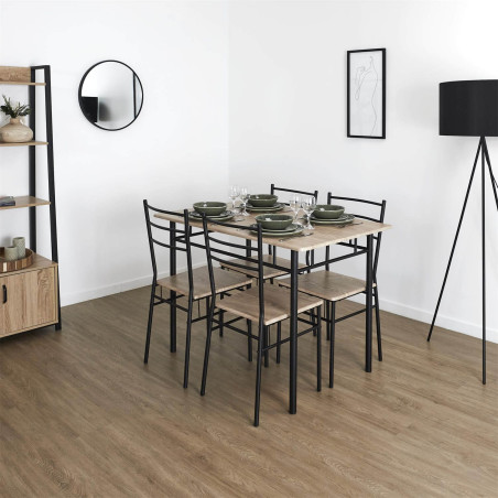 Ensemble repas 4 personnes table et chaises MDF pieds métal noir - FAUSTA