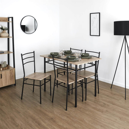 Ensemble repas 4 personnes table et chaises MDF pieds métal noir - FAUSTA