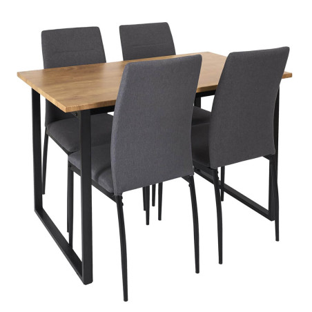 Ensemble table MDF et 4 chaises tissu gris pieds métal noir - SERGIA