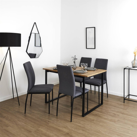 Ensemble table MDF et 4 chaises tissu gris pieds métal noir - SERGIA