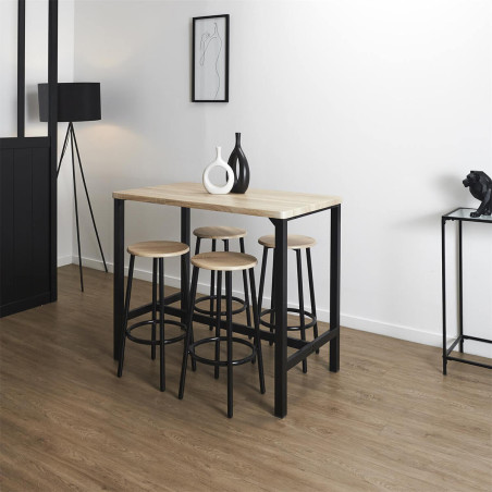 Table Haute et 4 Tabourets en MDF et Métal Noir - CORTEA