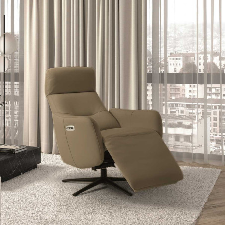 Fauteuil relax électrique pivotant tout cuir marron clair - REIRA