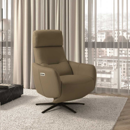 Fauteuil relax électrique pivotant tout cuir marron clair - REIRA