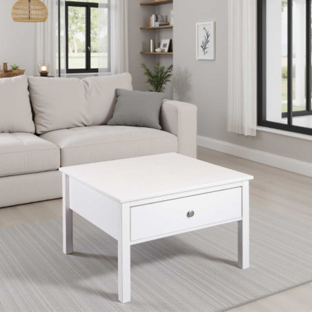 Table basse 1 tiroir en pin massif vernis blanc - DORIOR
