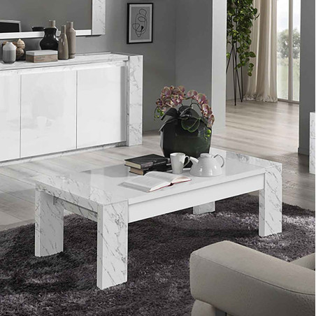 Table Basse L130cm Laquée Blanc Effet Marbre - BELANA