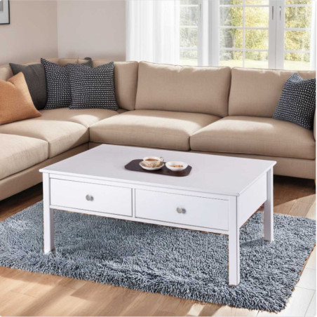 Table basse 2 tiroirs en pin massif vernis blanc - DORIOR