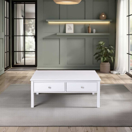 Table basse 2 tiroirs en pin massif vernis blanc - DORIOR
