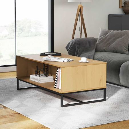 Table basse 2 niches pin massif teinté chêne piètement noir - CATHEN