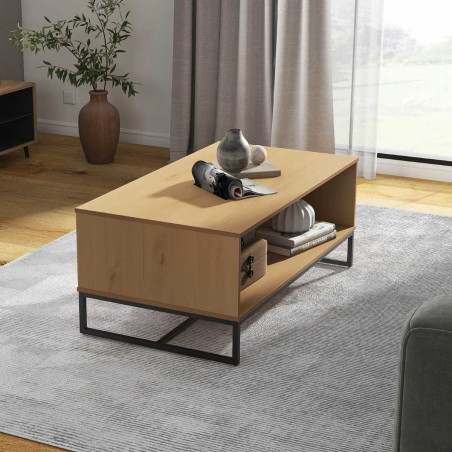 Table basse 2 niches pin massif teinté chêne piètement noir - CATHEN