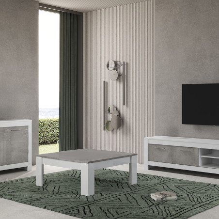 Table Basse Carrée 100cm Laquée Blanc Brillant Gris Marbré - DENEA