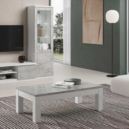 Table basse L127cm laquée blanc et gris marbré - DEYTA