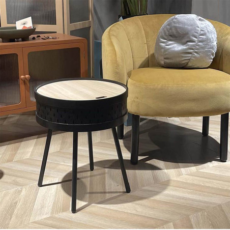 Table d'appoint noire avec coffre plateau effet bois - TYARO
