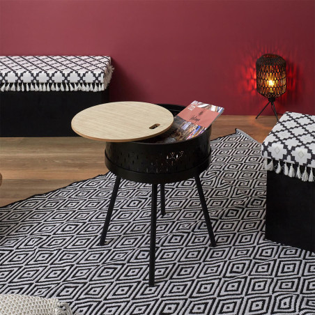 Table d'appoint noire avec coffre plateau effet bois - TYARO