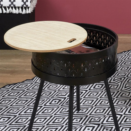 Table d'appoint noire avec coffre plateau effet bois - TYARO