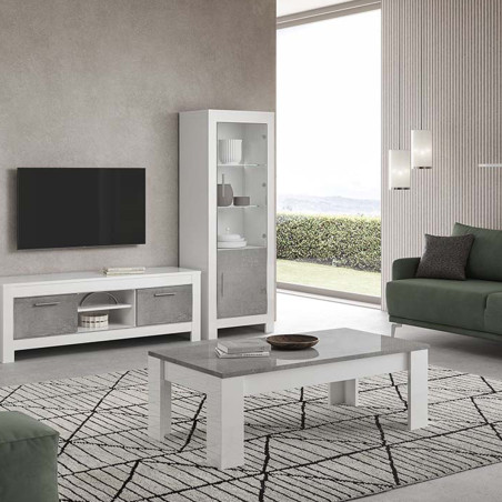 Table basse rectangulaire L126 cm laquée blanc brillant et gris marbré - DENEA