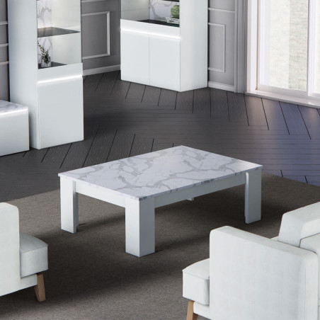 Table basse laquée blanc brillant plateau imitation marbre - CHRISA