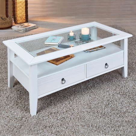 Table basse rectangulaire en bois massif verni blanc - NAREL