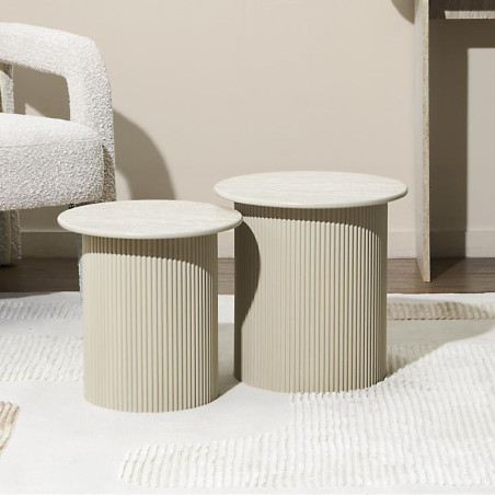 Tables gigogne aspect pierre et pied central laqué beige - BRIGS